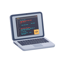 Stylized laptop displaying code; concept of software development, programming, or computer science.