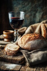 Traditional bread and wine displayed on rustic wooden table for Corpus Christi celebration