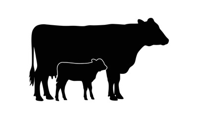 Cow and Calf Standing Together Silhouette Art