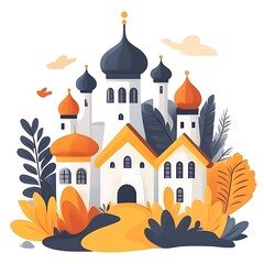Fototapeta premium Majestic fairytale castle with orange domes, surrounded by autumnal foliage