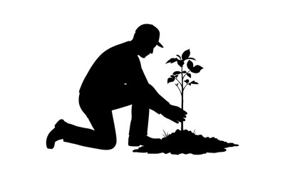 Gardener planting sapling silhouette eco conservation concept