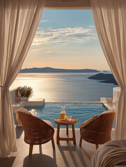 Obraz premium minimalist Greek island balcony framed by airy white curtains, infinity pool blending seamlessly into the calm Aegean Sea, two woven rattan lounge chairs and a small round table with a glass carafe of