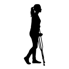 Injured woman walking with crutches silhouette vector art
