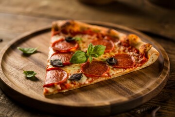 Delicious pepperoni pizza slice on wooden plate