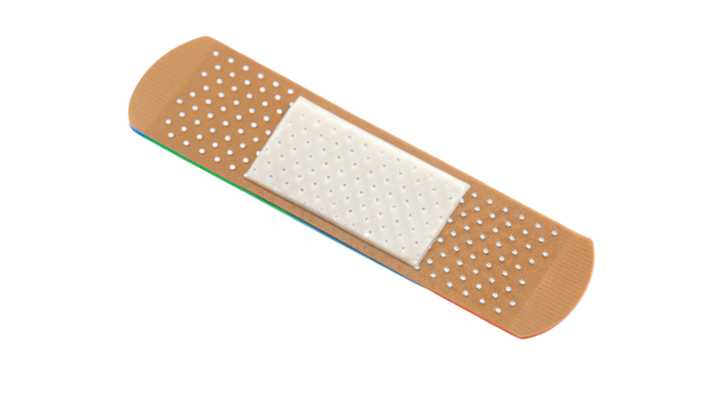 A single adhesive bandage with tan perforated edges and a white pad on a white background is displayed