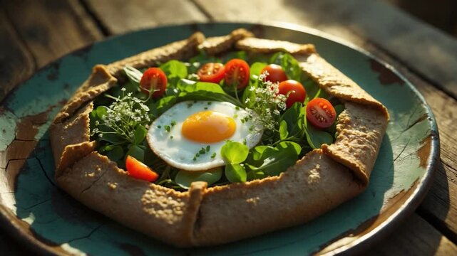 Rustic galette featuring a golden fried egg at the center, surrounded by fresh greens and vibrant cherry tomatoes, presented on a textured, vintage plate with a rustic wooden backdrop.
