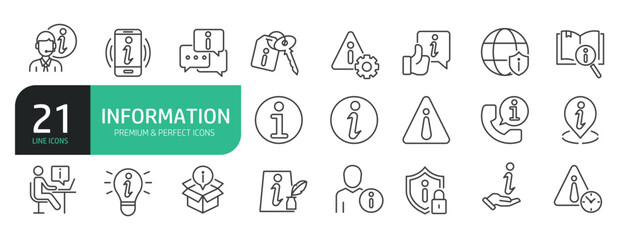 Set Of Information Line Icons. Contains such icons as Instruction, Privacy Policy, Info Center, Rule, Guide, Reference, Support, Manual, Help, and more.