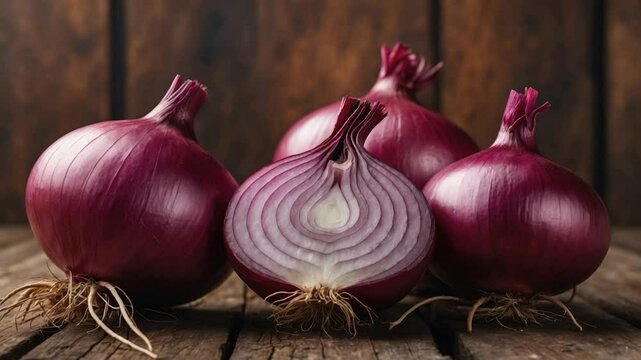 Fresh and vibrant red onions arranged on a rustic wooden surface, showcasing one cut in half to reveal its intricate inner layers and beautiful white-pink color.