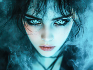 Fototapeta premium Enigmatic Gothic Beauty in White Fog Dark Fantasy Portrait of Mysterious Woman with Glowing Eyes on Isolated Black and Blue Background