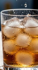 Bubbles form on a glass filled with iced brown soda as a drop falls