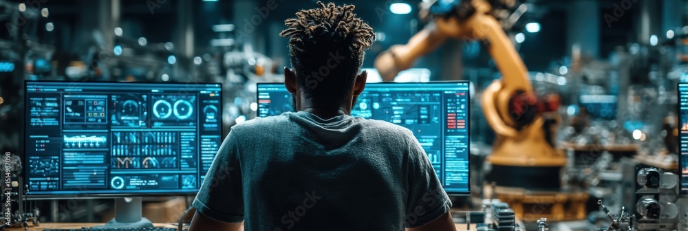 Poster a person monitors multiple computer screens in a high-tech industrial setting with robotic machinery