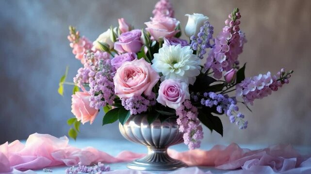 Elegant floral arrangement featuring a mix of pink roses, purple stock flowers, and white daisies in a decorative silver vase, surrounded by soft pink fabric.
