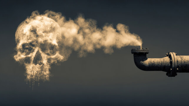 Industrial pipe emitting smoke shaped like skull, warning of toxic energy