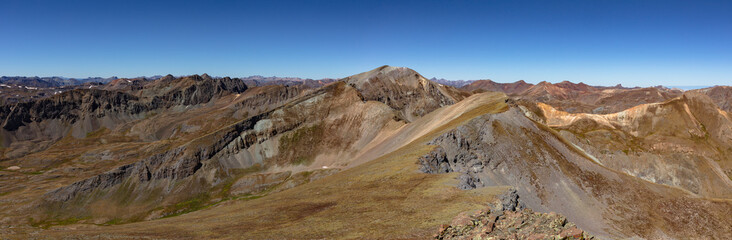 Late summer panorama of Colorado 14er Handies Peak and the beautiful San Juan Mountains.