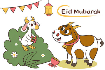 Obraz premium EId Mubarak EId Al adha a cow and goat cartoon art