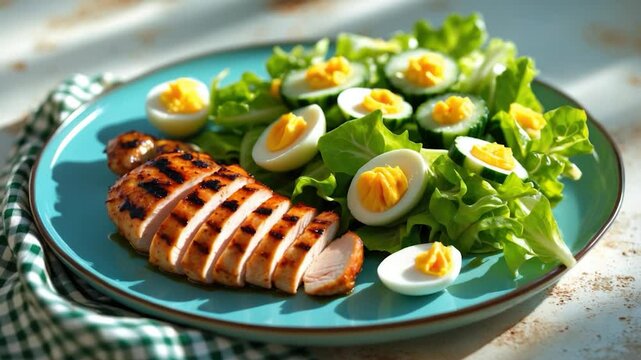 Grilled Chicken Breast Slices Served with Crisp Lettuce and Cucumbers Topped with Deviled Eggs on a Vibrant Blue Plate in Natural Light Setting