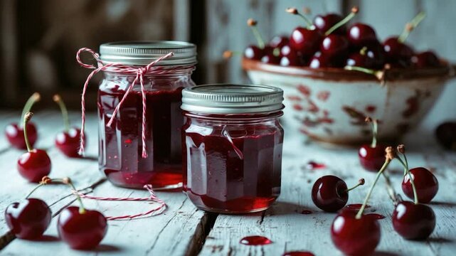Two jars of homemade cherry jam with decorative twine, surrounded by fresh cherries, on a rustic wooden surface, with a ceramic bowl filled with more cherries in the background.