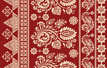 floral pattern vintage ethnic modern embroidery texture boho design vector illustration hand drawn pink flower motif branches leaves wallpaper seamless background border.