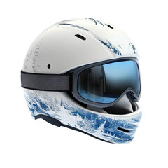 Snowboard Helmet, Adventurer in Snowy Mountains Wearing Stylish Ski Gear and Goggles, isolated on transparent background