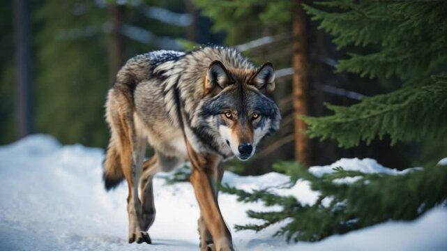 Gray wolf walking through a snow-covered forest path surrounded by evergreen trees, showcasing its thick fur coat and focused expression in a serene winter landscape.