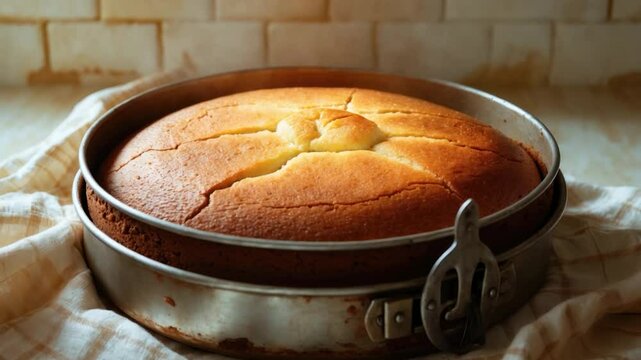 Freshly baked golden brown cake resting in a round springform pan, with steam rising, placed atop a checkered kitchen towel against a rustic tiled background.