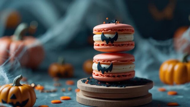 Halloween-themed macarons stacked creatively with spooky bat designs, surrounded by miniature pumpkins, candy, and ghostly cobwebs, evoking festive autumn vibes.