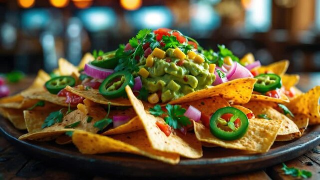 Colorful Nachos Loaded with Fresh Guacamole, Jalape&Atilde;&plusmn;os, Tomatoes, Corn, Red Onions, and Cilantro on a Rustic Wooden Platter in a Cozy Dining Setting