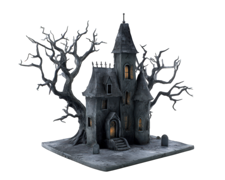 Spooky haunted house in deserted theme park, surrounded by twisted trees and eerie atmosphere, evokes feelings of mystery and fear. dark structure features glowing windows and haunting presence