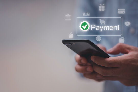 Man using smartphone for online payment with secure transaction, digital wallet system, and mobile banking concept for financial technology, e-commerce, and global money transfer.