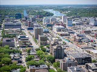 City view from above with a river running through it