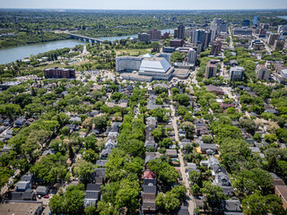 City view from above with a river running through it