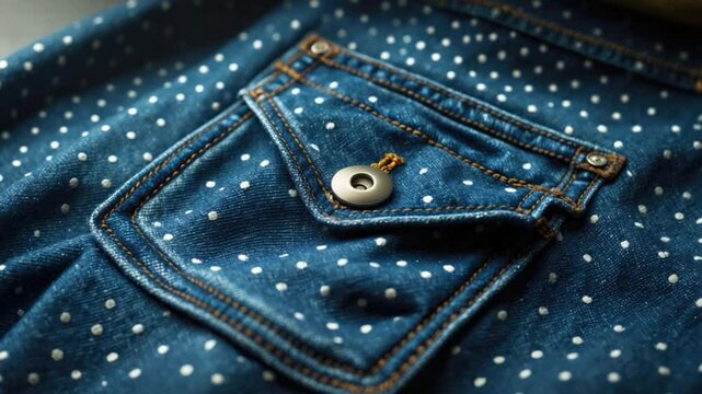 Close-up of a blue denim fabric featuring a polka dot pattern with a pocket detail, showcasing contrasting stitching and a decorative button for added texture and style.