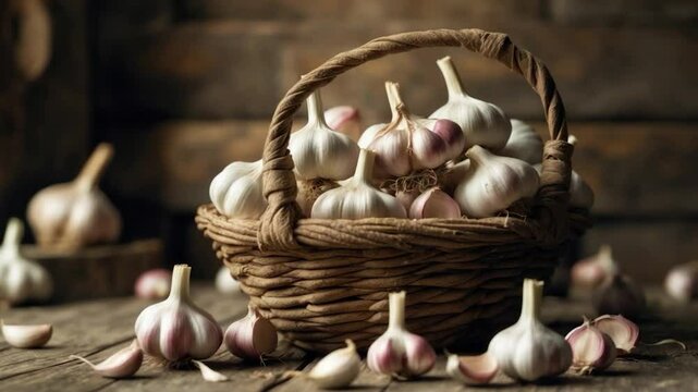A rustic woven basket overflowing with fresh garlic bulbs, showcasing their white and purple hues, surrounded by scattered garlic cloves on a wooden table background.