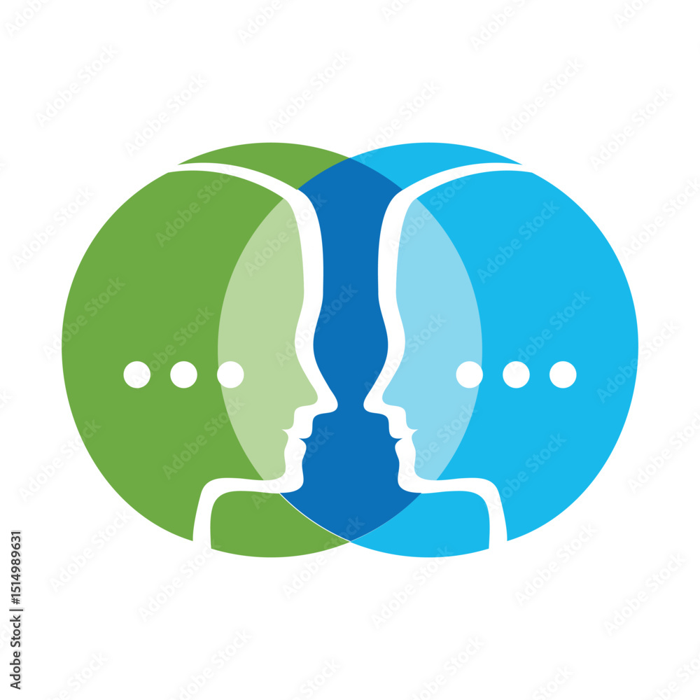 Poster the image shows an abstract logo design two faces in overlapped round circle shapes in green and blu