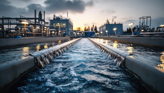 A modern water treatment plant with flowing water channels at sunset, showcasing industrial infrastructure and purification processes.
