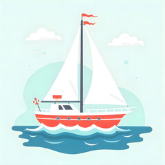 Fototapeta premium Vibrant illustration depicting a red sailboat sailing on blue waves under a light-blue sky with clouds.