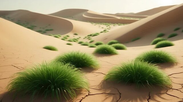 Vibrant green tufts of grass growing among cracked desert soil, surrounded by rolling sand dunes bathed in soft sunlight, showcasing a stark contrast between vegetation and arid landscape.