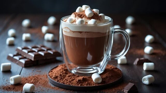 Delicious hot chocolate topped with whipped cream and mini marshmallows, served in a clear glass mug on a wooden surface littered with cocoa powder and chocolate bars.