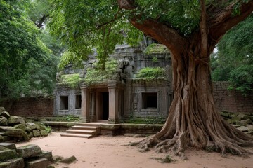 Ancient stone building entwined with a large tree Lush vegetation surrounds the temple ruins