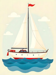 Fototapeta premium A charming sailboat with white sails floating on the sea under a bright blue sky.