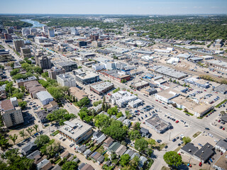 City view from above with many buildings and cars