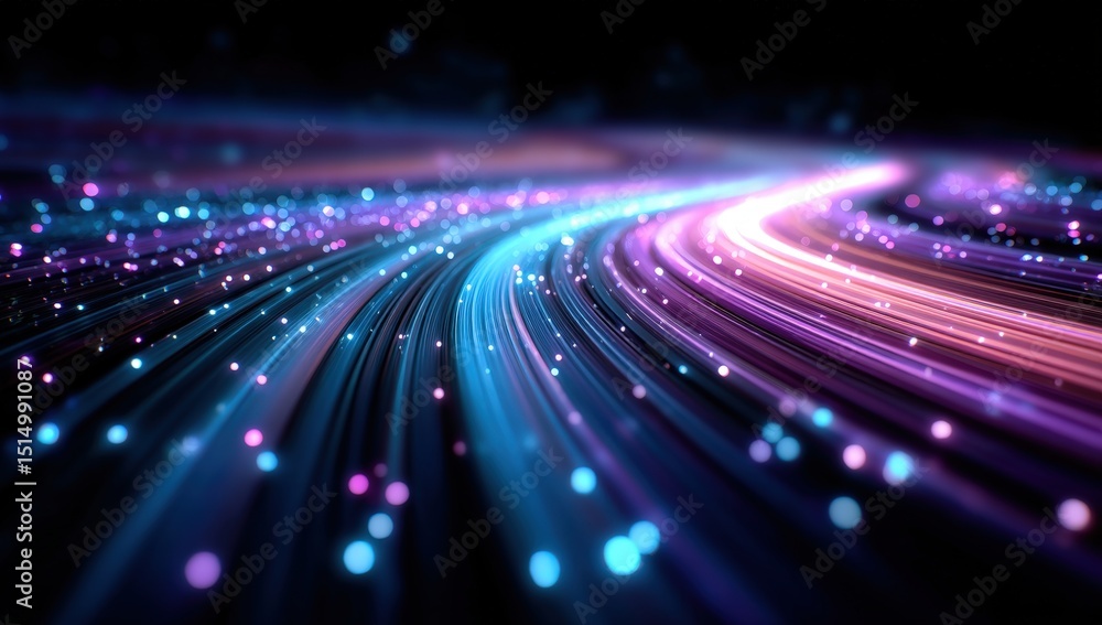 Poster colorful glowing light trails curve through a dark space, creating a futuristic, dynamic, and digita