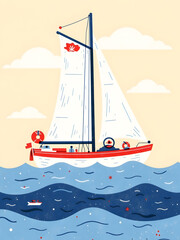 Naklejka premium A charming illustration depicts a sailboat gracefully sailing on the sea under a bright, sunny sky.