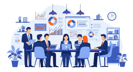 Flat vector illustration of a productive business meeting with diverse team members collaborating around a table, analyzing charts and data. Emphasizes teamwork and strategy
