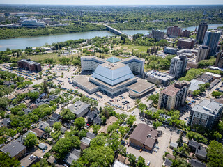 City view with a large building in the center