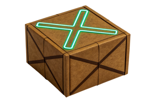 Brown Cardboard Box with Green Neon Plus Sign on Top on transparent background, ai generated