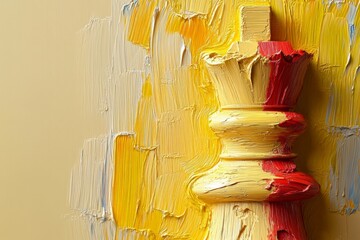 A painting of a chess piece with a red and yellow paint job