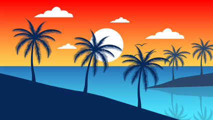 Summer Nature Landscape, Palm Trees on the sea and Sun