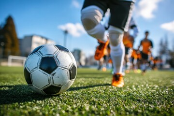 Obraz premium A soccer player prepares to kick a ball on a sunny outdoor field while other players approach in the background.