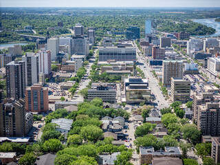 City view with many tall buildings and a large green area